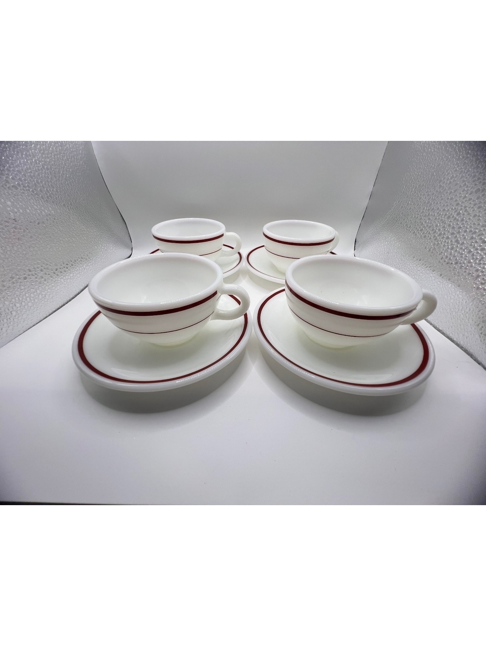 1940’s 1950’s Set of 4 Corning Milk Glass White Burgundy Stripe cup saucer